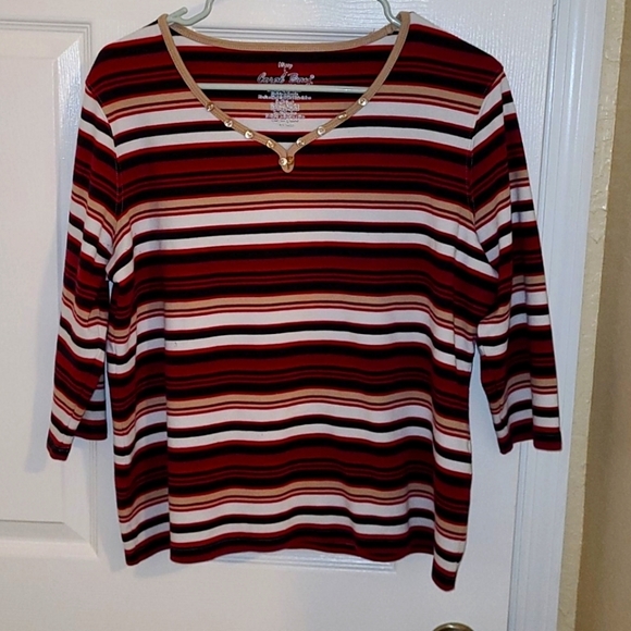 Coral Bay Tops - Coral Bay Womens Quarter Sleeve V-Neck Striped Maroon Black White Red Tan Shirt
